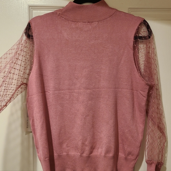 MADISON + HUDSON LACE SHEER SLEEVE RAYON MOCK NECK BLUSH RAYON TOP - Picture 13 of 15